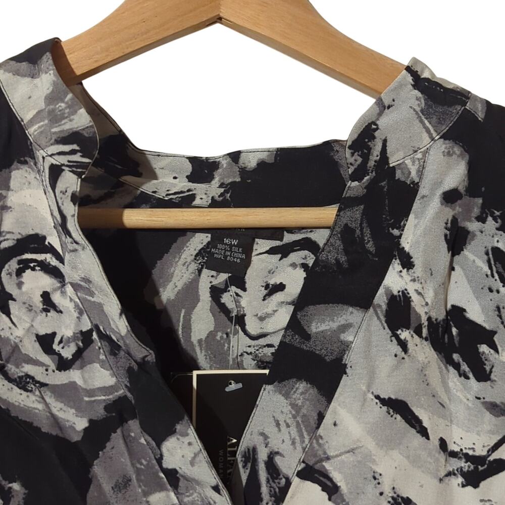 NWT Alfani 16W Black/White/Silver Flower-Patterned Silk Blouse [0082] - Picture 4 of 8